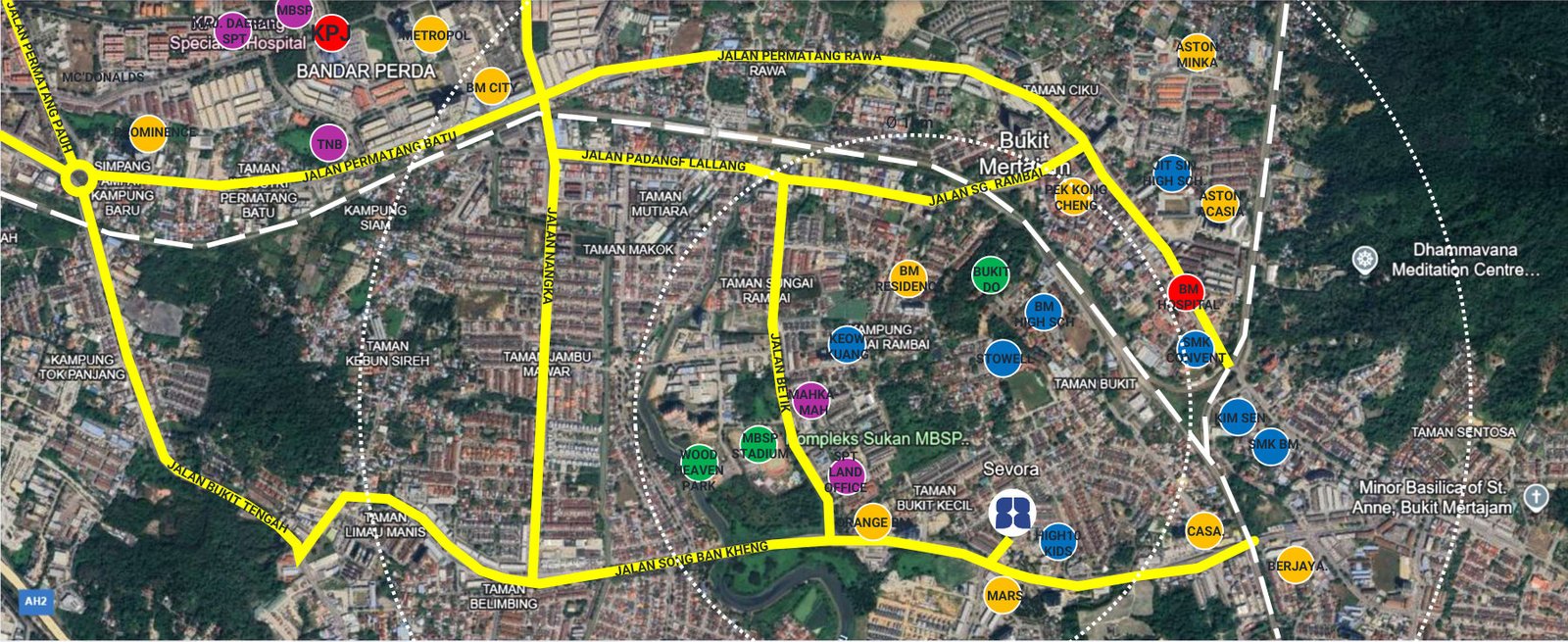 Location map of Sevora Residence and its surroundings in Bukit Mertajam