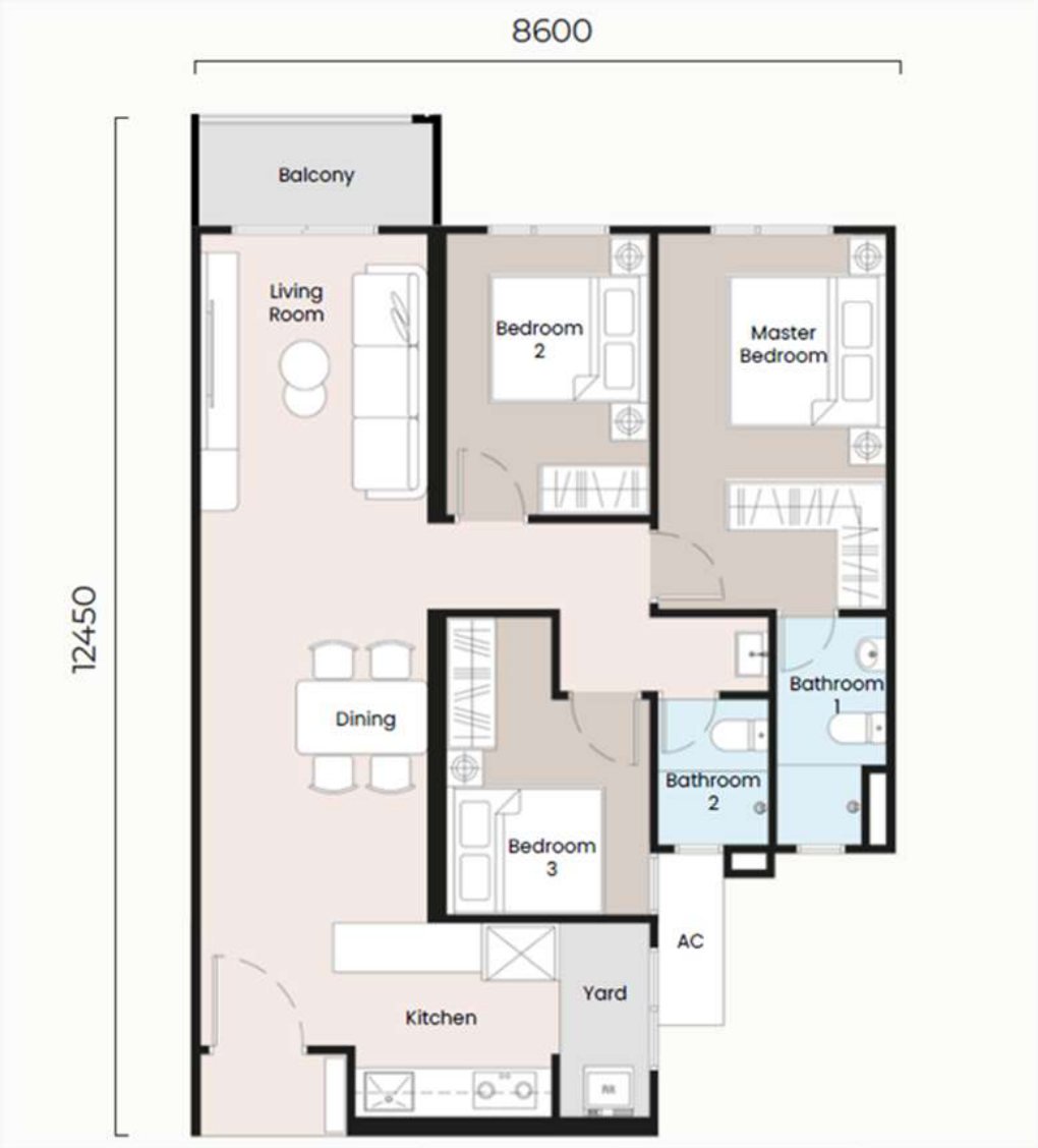 Sevora Residence Type A floor plan, 950 sq.ft
