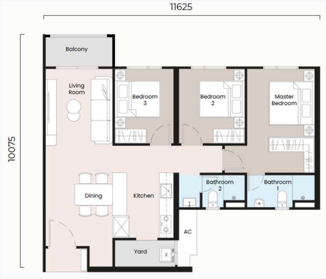 Sevora Residence Type B floor plan, 950 sq.ft